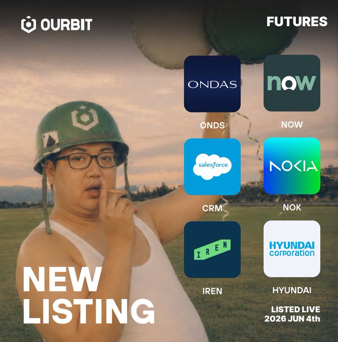 The image features a man wearing a helmet with his hand over his mouth, holding up an app icon for a listing of companies. The caption below the image reads "attention astute financial capitalists futures trading for the following assets is now live on ourbit with up to 50x leverage: $onds [ondas inc.] $iren [iren limited] $crm [salesforce, inc.] $now [servicenow, inc.] $nok [nokia corporation] $hyundai [hyundai motor company]"