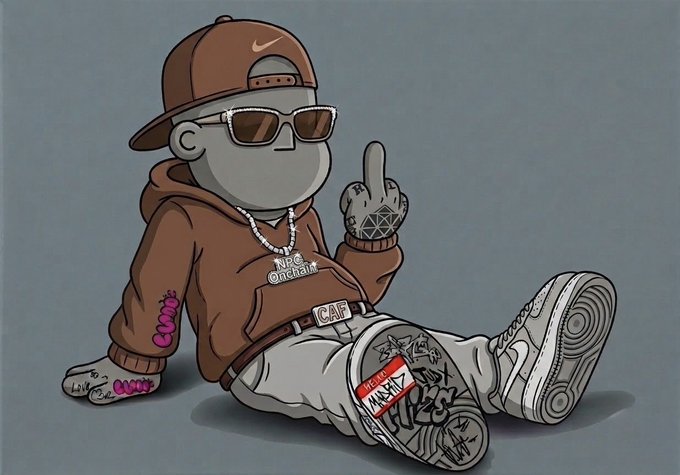 A cartoon-style illustration of a stylish character wearing a brown Nike cap, sunglasses, a hoodie with 'Nice @nchain' text, and patterned sneakers, casually sitting on the ground.