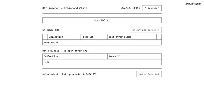An 'NFT Sweeper - Robinchain Chain' interface (made by Sammy) connected to wallet 0xe0d5...f385, showing zero sellable NFTs and no open offers.