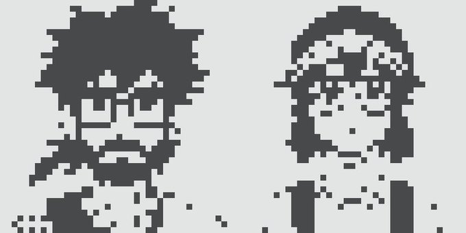A minimalist pixel-art illustration depicts two dark gray silhouettes of a person with an afro and a person wearing a backwards cap against a light gray background.