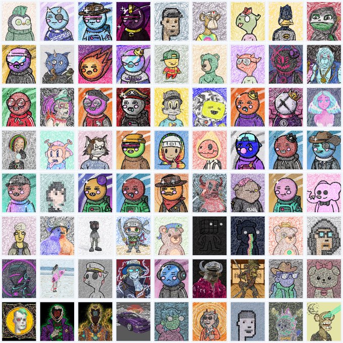 A grid of colorful hand-drawn NFT-style character avatars featuring various creatures, humans, and figures in a doodle art style.