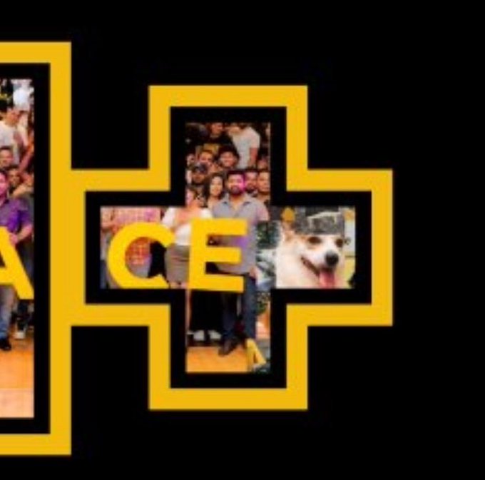 A graphic design features yellow outlined cross shapes containing crowd photos and a dog (Doge) image, with yellow letters 'ACE' overlaid on the central image.