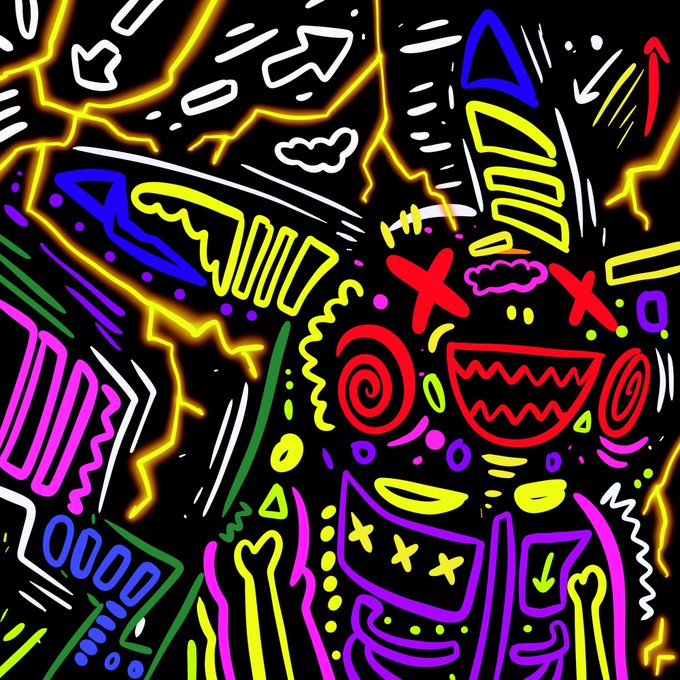 A vibrant, chaotic neon-style illustration on a black background featuring abstract faces with sharp teeth, X-eyes, geometric shapes, lightning bolts, and various symbols in bright pink, yellow, blue, and green.