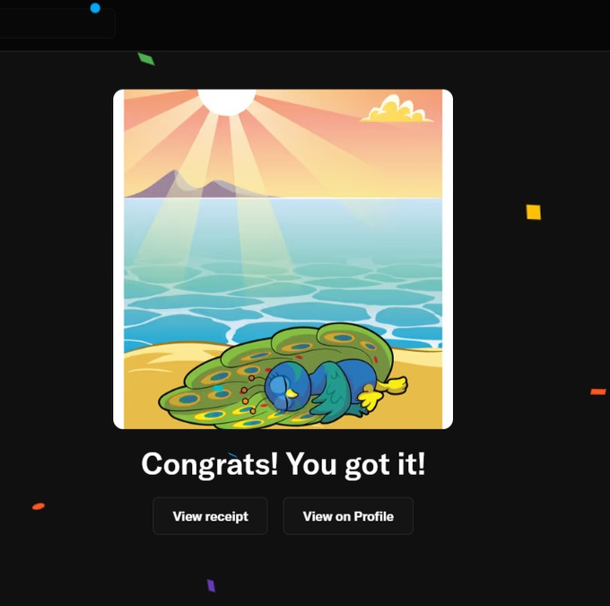 A digital reward screen displays "Congrats! You got it!" above buttons for "View receipt" and "View on Profile," featuring a cartoon bird wrapped in a peacock's tail lying on a beach. The celebratory graphic appears to be a welcome gift or achievement unlocked for a new community member joining the Veefriends ecosystem.