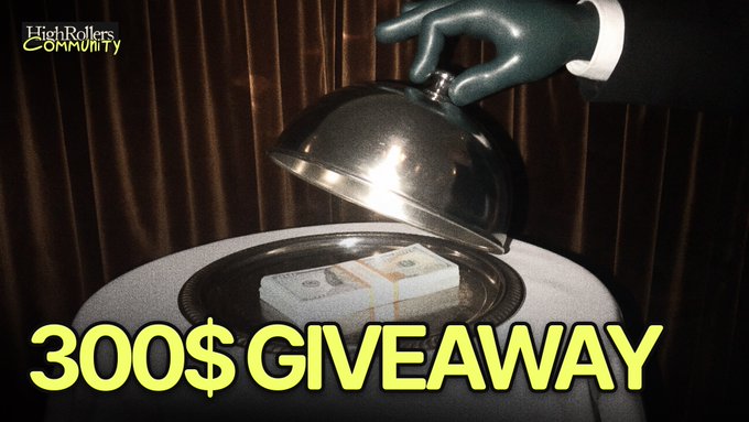 A hand lifts a silver cloche to reveal a stack of cash on a platter, with bold yellow text reading "300$ GIVEAWAY" and the "HighRollers Community" logo in the corner, visually promoting the $300 crypto prize giveaway.
