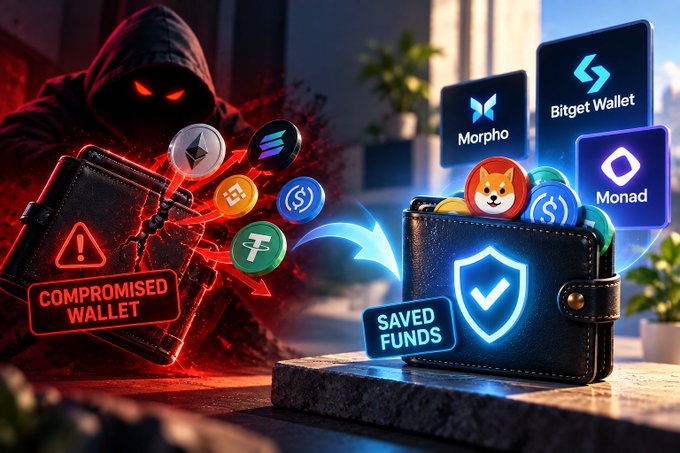 An advertisement-style graphic showing a hooded figure representing a compromised wallet on the left and a secured wallet with "SAVED FUNDS" on the right, surrounded by cryptocurrency and platform logos including Morpho, Bitget Wallet, and Monad.