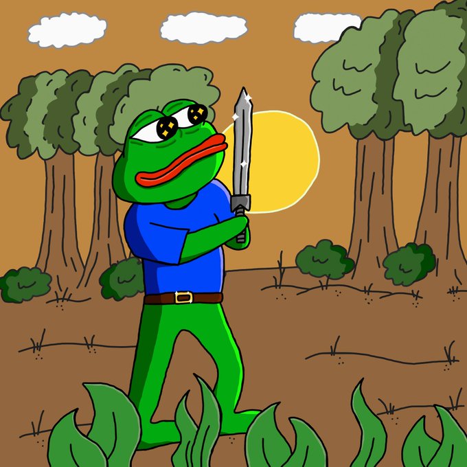 A cartoon illustration of a green Pepe the Frog character with starry eyes holding a sword in a forest setting with a yellow sun in the background.