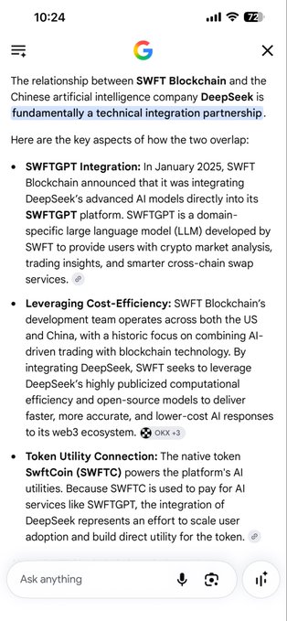 A Google search result explains the technical integration partnership between SWFT Blockchain and DeepSeek, mentioning SWFTGPT and the SwftCoin token.