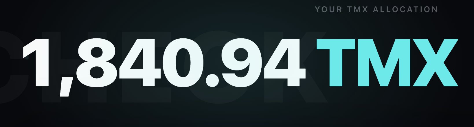 A digital display showing 'YOUR TMX ALLOCATION' as '1,840.94 TMX' in large white and teal text against a dark background.