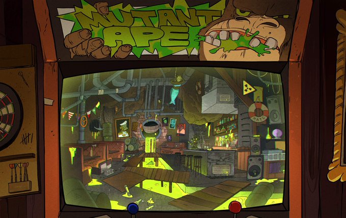 An arcade game titled "MUTANT APE" displayed on a cabinet screen, showing a cartoonish, grimy room interior with green slime.