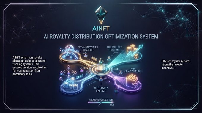 A dark-themed infographic for 'AINFT' displaying their 'AI Royalty Distribution Optimization System' with a central diagram showing secondary sales tracking, marketplace system, fair compensation, and creator compensation.