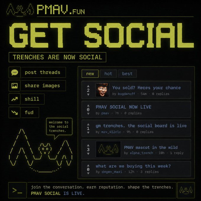 A pixelated retro-styled promo graphic for pmav.fun featuring "GET SOCIAL" in large yellow text, advertising a new on-chain forum with options to "post threads," "share images," "shill," and "fud," alongside a sample thread list including posts like "PMAV SOCIAL NOW LIVE" and "PMAV mascot in the wild." The pixel-art owl mascot says "welcome to the social trenches," tying into the post's announcement that PMAV's social forum is now live.