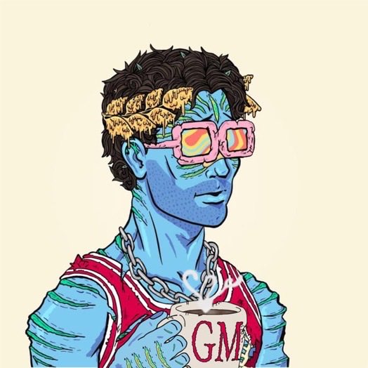 An illustrated character with blue skin, wearing pink sunglasses, a fur headband, and a red jersey, holds a steaming mug labeled 'GM'.