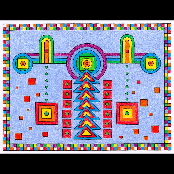 A colorful geometric folk-art style illustration with a light blue textured background, featuring symmetrical arrangements of nested squares, circles, and upward-pointing chevron triangles in red, yellow, green, blue, and purple, surrounded by a multicolored checkerboard border.