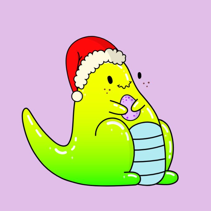 A cartoon illustration of a green dinosaur wearing a red Santa hat, holding a purple egg, set against a light purple background.