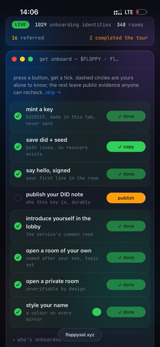 A mobile screenshot of floppysol.xyz onboarding page showing a checklist of 8 tasks for new users, with most marked done except "publish your DID note." The page displays stats like 1029 onboarding identities and 348 rooms, aligning with the post's mention of using the onboard link to simplify setup, while highlighting that the user's DID note remains unpublished.