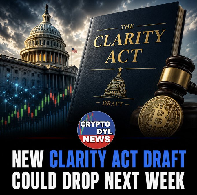 The image shows a news graphic from "Crypto DYL News" featuring "The Clarity Act Draft" alongside the U.S. Capitol, a judge's gavel, a Bitcoin coin, and a candlestick chart, with the headline "New Clarity Act Draft Could Drop Next Week." It visually reinforces the post's announcement about an upcoming draft of the Clarity Act that the Senate is aiming to release before the August recess.