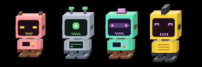 Four pixel art robot characters stand side by side in pink, white, teal, and yellow color schemes against a black background.