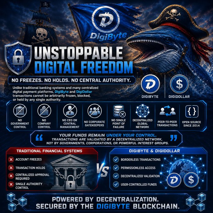 The image features a pirate ship with a flag, which is part of an advertisement for DigiByte. The pirate ship represents the concept of "unstoppable digital freedom", while the title "UNSTOPPABLE DIGITAL FREEDOM" emphasizes the idea that users can enjoy unrestricted access to digital content and services without any limitations or restrictions.