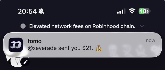 A smartphone screenshot displays a Fomo app notification at 20:54, showing that "@xeverade sent you $21" with a money bag emoji. This notification supports the accompanying post, which expresses gratitude to "super dad @xeverade" for the $20 cash gift, indicating a small monetary surprise from a loved one.