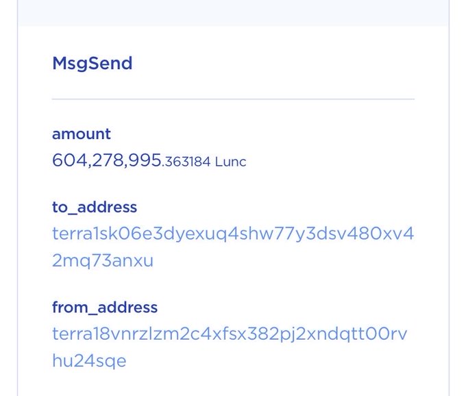 A cryptocurrency transaction screen showing a MsgSend of 604,278,995.363184 Lunc from one Terra address to another.