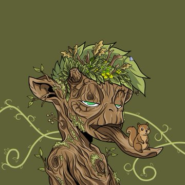 A whimsical digital illustration depicts a grumpy-looking tree-like creature with green eyes, a leafy crown of foliage, and twisting vine-like hair, cradling a small brown squirrel in its wooden hand—fitting the artist's submission for the Goats of Solana art contest. The earthy color palette and fantastical nature character align perfectly with the playful, community-driven spirit of the Solana NFT project.