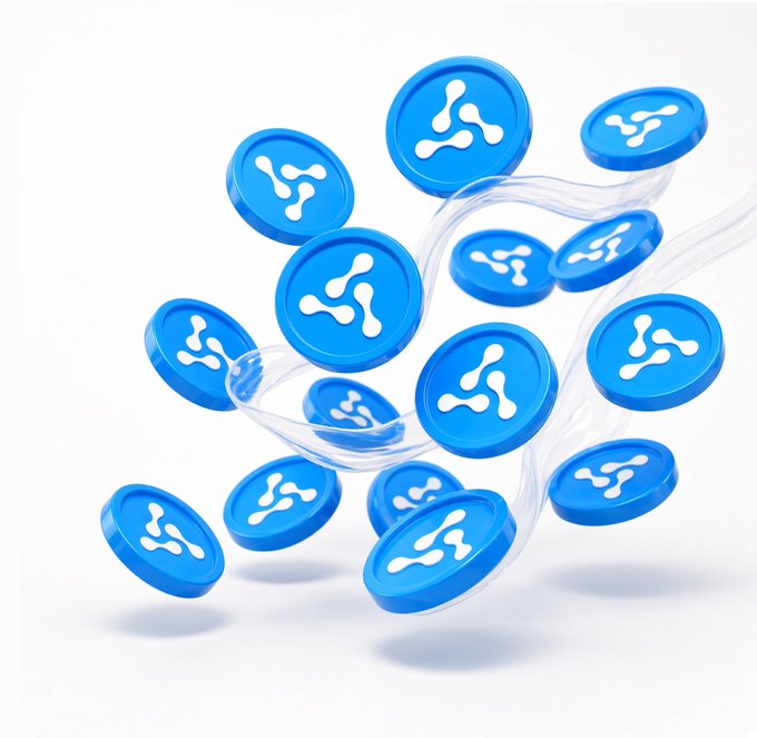 A 3D rendering shows multiple blue cryptocurrency tokens with a white logo floating amid flowing glass-like ribbons against a white background.