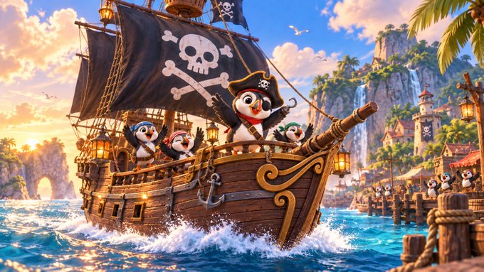 A whimsical cartoon pirate ship crewed by animated penguins sails toward a tropical island, evoking a treasure-hunting adventure. The scene ties into the post's staking reward theme, with the pirate's chest motif symbolizing the loot players receive from their chests.
