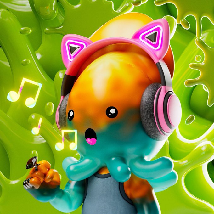 A 3D rendering of an orange and teal octopus character wearing pink and black cat-ear headphones with musical notes floating around it against a swirling green background.