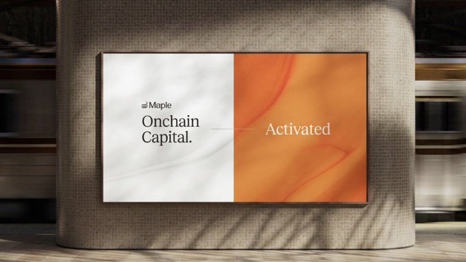 A wall-mounted display shows 'Maple Onchain Capital. — Activated' split between white and orange draped fabric backgrounds.