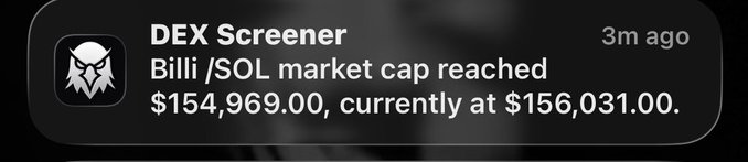 A dark-themed screenshot of a DEX Screener notification from 3m ago shows that the Billi /SOL market cap reached $154,969.00 and is currently at $156,031.00.