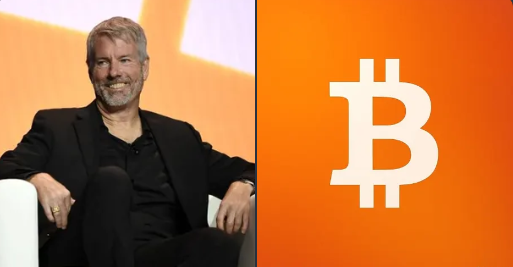 A man with gray hair and beard wearing a black suit seated on a white chair, shown next to the Bitcoin logo on an orange background.