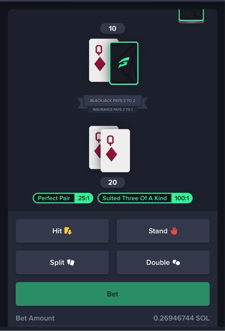 A digital blackjack game interface shows a player holding two Queens totaling 20 against the dealer's Queen, with payout options for 'Perfect Pair 25:1' and 'Suited Three Of A Kind 100:1', and a bet amount of 0.26946744 SOL.