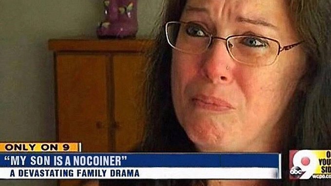 A news broadcast screenshot showing a woman with glasses, captioned "ONLY ON 9: 'MY SON IS A NOCOINER' A DEVASTATING FAMILY DRAMA" on WCPO.