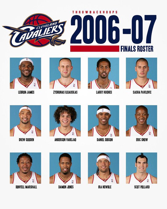 The image shows a throwback graphic of the 2006-07 Cleveland Cavaliers Finals roster, featuring headshots of players including LeBron James, Zydrunas Ilgauskas, Larry Hughes, Sasha Pavlovic, Drew Gooden, Anderson Varejão, Daniel Gibson, Eric Snow, Donyell Marshall, Damon Jones, Ira Newble, and Scot Pollard.

The caption humorously highlights the stark contrast between the meme's hype around "how ansem is carrying onchain right now" and the image's actual content—a nostalgic basketball roster that has little to do with on-chain activity—making the juxtaposition feel like an ironic, random flex.