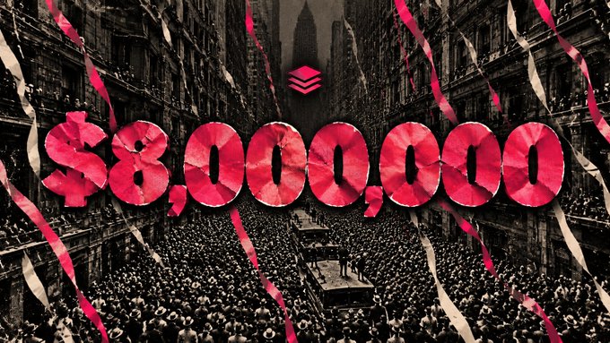 A bold promotional graphic features a black-and-white vintage city street scene overlaid with red confetti and large red text displaying "$8,000,000," highlighting the $PINK token's trading volume milestone. The Pink Sheets logo sits prominently at the top, reinforcing the post's celebration of over $8M in trading volume and the protocol's 80% fee buyback mechanism.