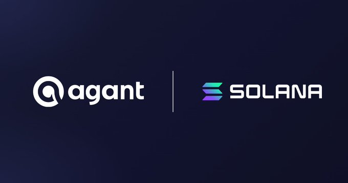 The image displays a co-branded graphic featuring the Agant logo (@agant) alongside the Solana logo on a dark navy background, visually announcing the partnership between the two. This corresponds with the announcement that Agant's GBPA pound sterling stablecoin has launched on the Solana blockchain.