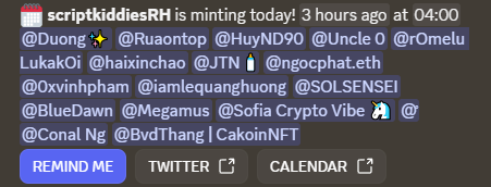 A notification screen showing a minting event for 'scriptkiddiesRH' with a list of tagged users and buttons for 'REMIND ME', 'TWITTER', and 'CALENDAR'.