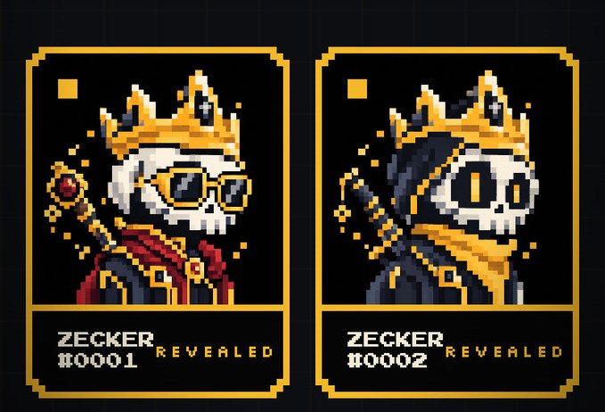 Two pixel art character cards labeled 'ZECKER #0001 REVEALED' (a king with sunglasses and a scepter) and 'ZECKER #0002 REVEALED' (a hooded reaper figure), both wearing gold crowns.