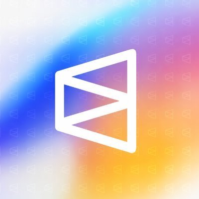 A colorful gradient background with blue, purple, and orange hues featuring a white geometric envelope or play-button style logo with envelope icons scattered throughout.