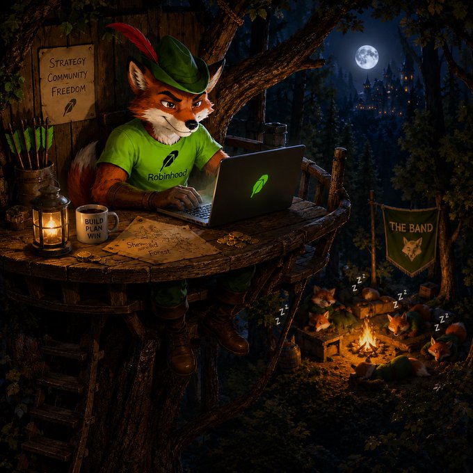 An anthropomorphic fox wearing a Robinhood shirt works on a laptop from a treehouse outpost labeled "Strategy, Community, Freedom," with a banner reading "THE BAND" and sleeping cubs below, while a distant castle glows under a full moon—visually symbolizing the "Robinhood Chain" meme narrative's vision of grassroots community growth leading to a powerful empire.