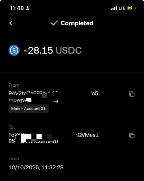 A screenshot of a completed crypto transaction showing a transfer of -28.15 USDC from one partially obscured wallet address to another on 10/10/2026 at 11:32:28.