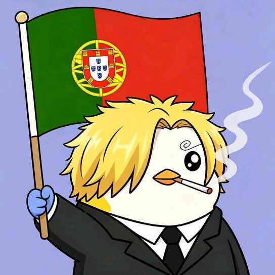 The image features a cartoon character, likely a bird or a penguin, dressed in a suit and tie holding a flag with Portugal written on it. The character appears to be smoking a cigarette while standing next to a blue background. The caption of the image reads "Good Morning Happy Wednesday 450k $RIVER Pts up for grabs in the World Cup Voting Challenge I’ve locked my vote on Portugal @RiverdotInc Now let' s see if they can turn my prediction into rewards @useTria building a more connected experience across the crypto ecosystem". The character's attire and actions seem to be related to the post, as it suggests that the bird or penguin is participating in an event or challenge involving flags.