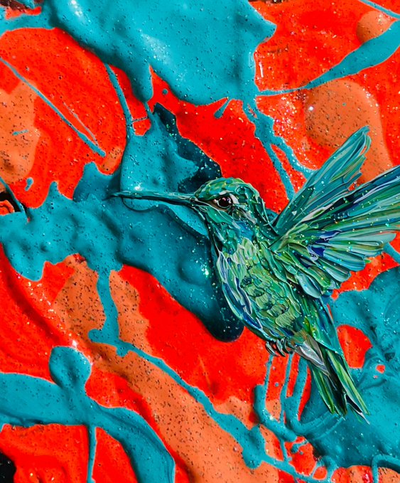 A vibrant mixed-media artwork of a green and blue hummingbird in flight against a striking background of red, orange, and teal paint splashes.