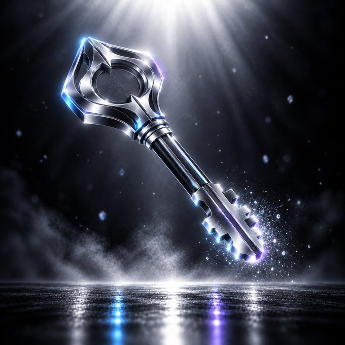 A dramatic digital rendering of an ornate silver key with blue glowing accents, displayed against a dark background with light rays and sparkles emanating from its teeth.