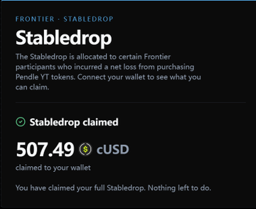 Screenshot of a confirmed "Stabledrop" claim on the Frontier platform showing 507.49 cUSD successfully claimed to the user's wallet. The post relates to this by confirming that Cap's Stabledrop rewards are now claimable and can be swapped 1:1 for USDC after claiming.