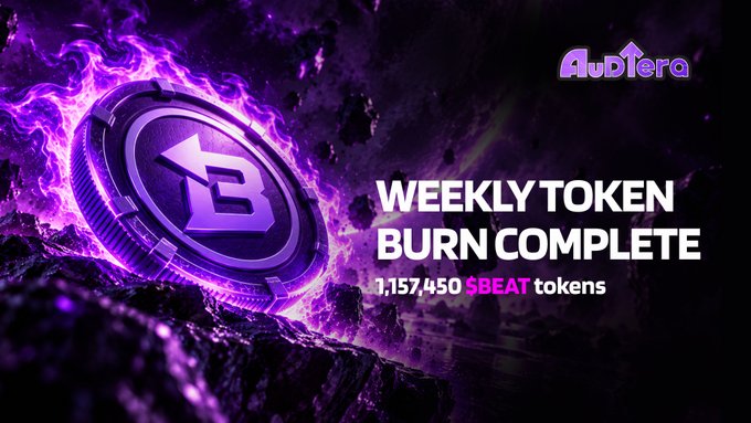 A promotional graphic featuring a glowing purple cryptocurrency coin with a 'B' logo surrounded by flames, with text reading 'Audtera', 'WEEKLY TOKEN BURN COMPLETE', and '1,157,450 $BEAT tokens'.