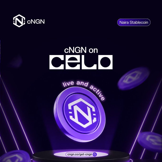 A promotional graphic for cNGN Naira Stablecoin, showing a purple coin with the cNGN logo and the text 'cNGN on CELO live and active' and 'cngn.co/get-cngn'.