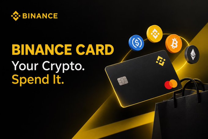 A promotional graphic for the "Binance Card" with the tagline "Your Crypto. Spend It." displayed in yellow and white text against a black background, featuring a black Mastercard alongside Binance, Bitcoin, and Ethereum coin icons floating above a shopping bag. The image visually reinforces the post's message by illustrating how the Binance Card lets users seamlessly spend their cryptocurrency directly on purchases without the hassle of converting to fiat first.