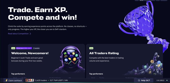 A 'Trade. Earn XP. Compete and win!' promotional page features a purple crystal trophy and details competitions for 'Newcomers' and 'All Traders Rating' to climb ranks through experience points.